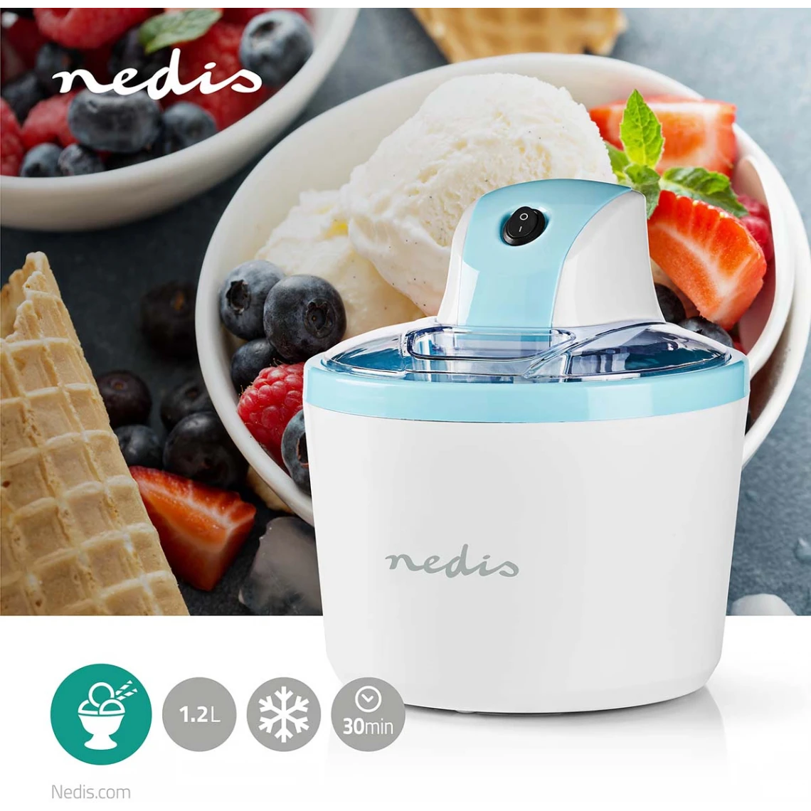 Nedis Sorbetière 1,2l Blanc/bleu Aluminium/plastique 2 Nedis Sorbetière 1,2l Blanc/bleu Aluminium/plastique – Image 2